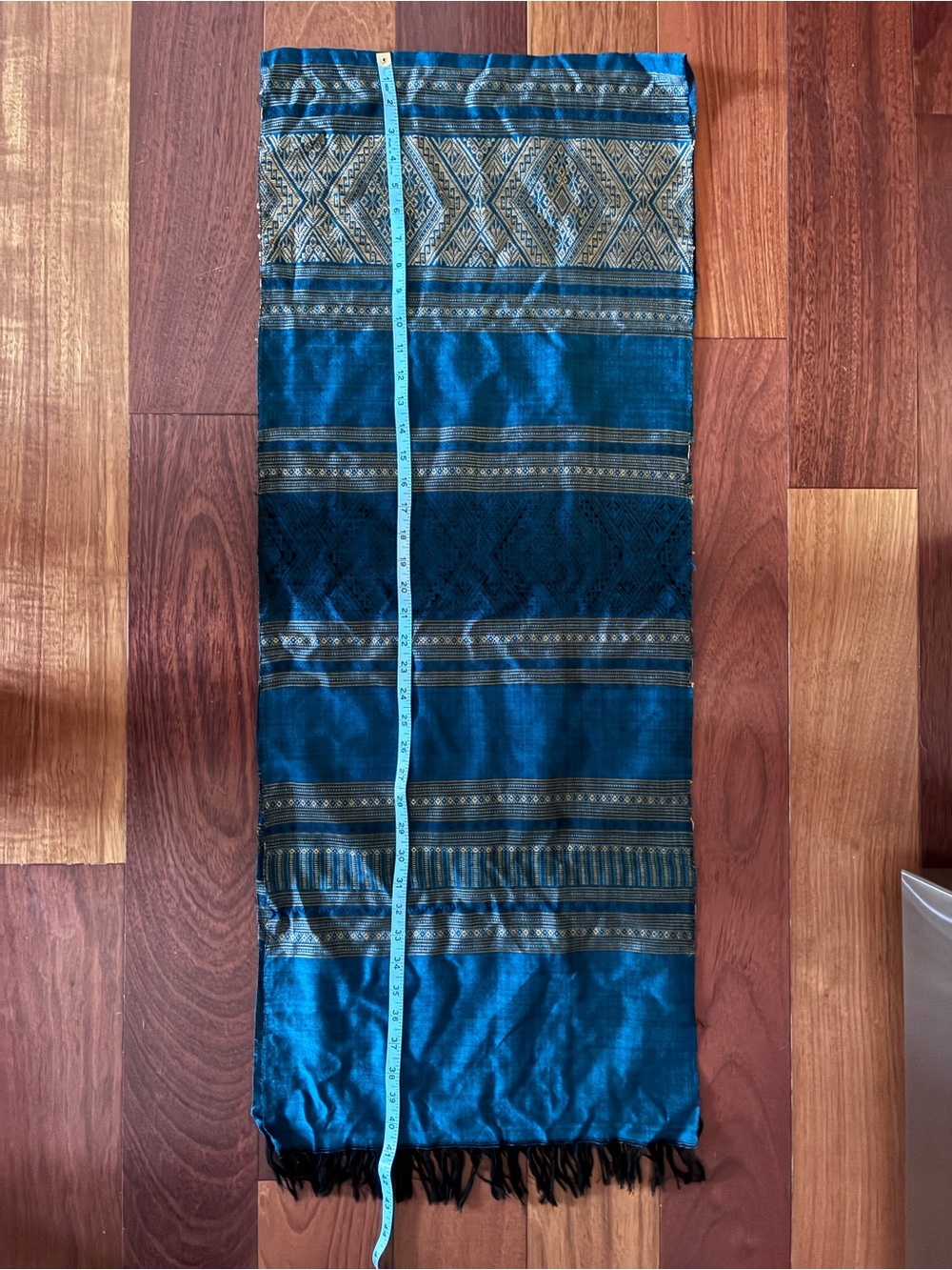 Handwoven Teal and Black Patterned Scarf with Metallic Accents